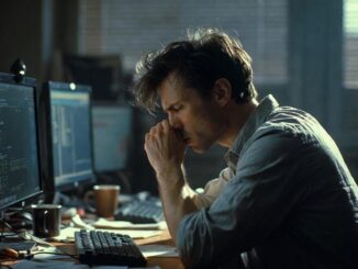 Man concentrating in front of computer screens.