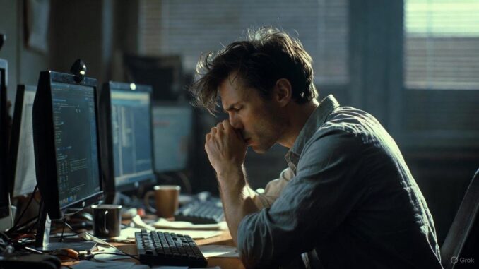 Man concentrating in front of computer screens. Man concentrating in front of computer screens.