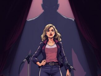 Woman on stage with shadowy figure behind.
