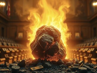 Burning rock in a courtroom setting.