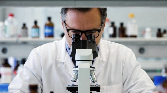 Scientist examining through a laboratory microscope.