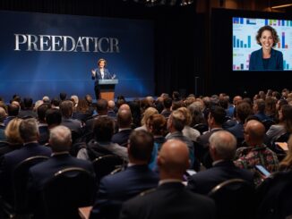 Conference speaker addressing a large audience.