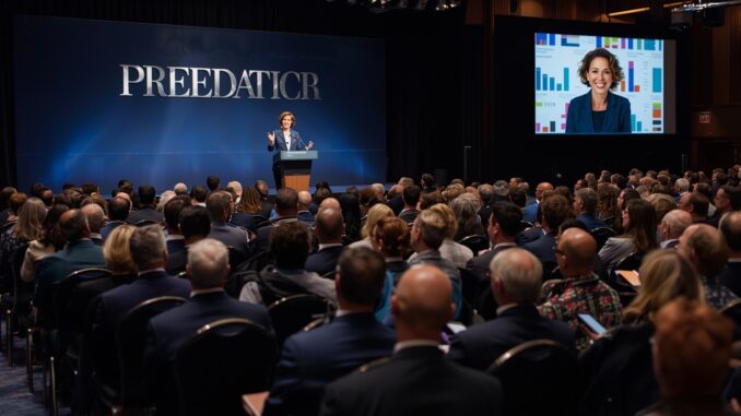 Conference speaker addressing a large audience. Conference speaker addressing a large audience.