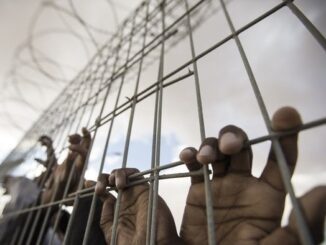 Hands gripping metal fence with barbed wire.