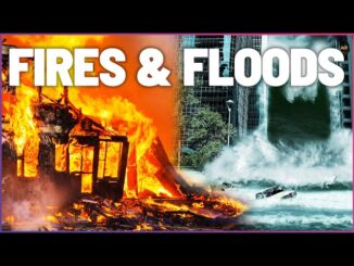 Fires and floods with burning building, wave.