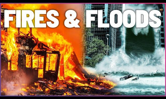 Fires and floods with burning building, wave. Fires and floods with burning building, wave.