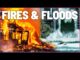 Fires and floods with burning building, wave.