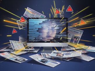 Computer surrounded by digital newspaper articles.