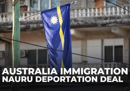Nauru flag with Australia immigration text.
