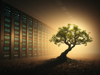 Tree illuminated beside glowing server racks.