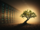 Tree illuminated beside glowing server racks.