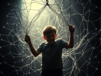 Child surrounded by intricate, glowing net.