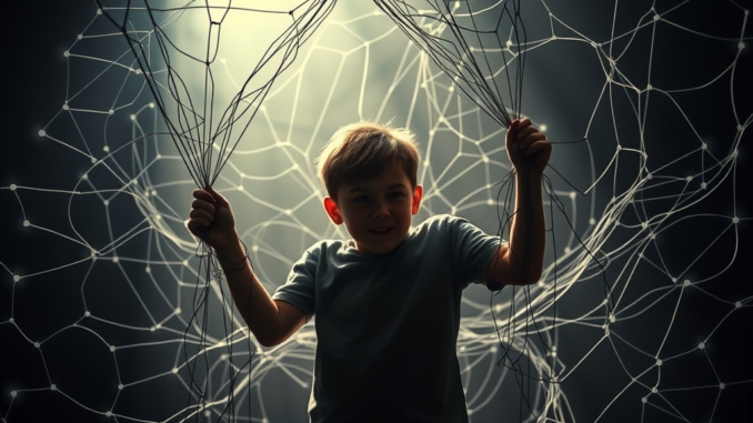 Child surrounded by intricate, glowing net. Child surrounded by intricate, glowing net.