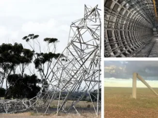 Collage of damaged infrastructure and landscape.