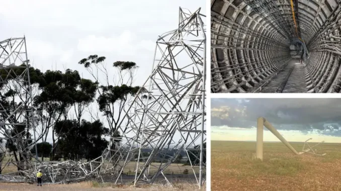 Collage of damaged infrastructure and landscape.