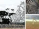 Collage of damaged infrastructure and landscape.