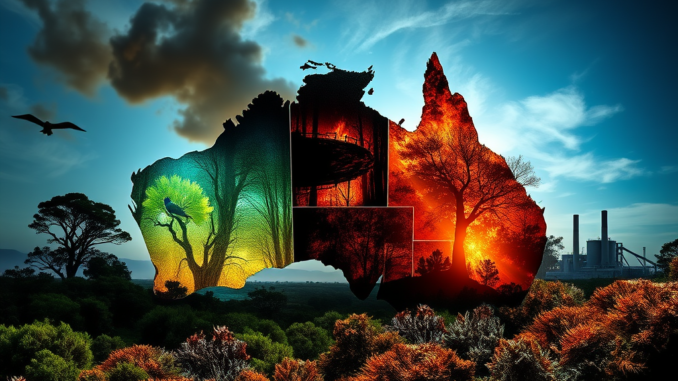 Australia map with diverse environmental scenes. Australia map with diverse environmental scenes.