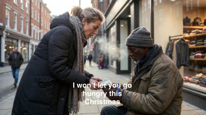 Woman helping man on city street.