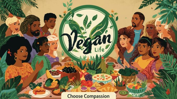 Diverse group enjoying a vegan meal together.