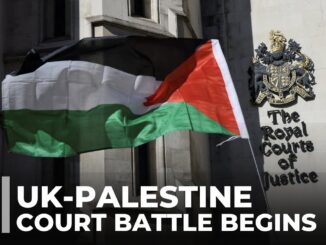 UK-Palestine court battle begins, flag displayed.