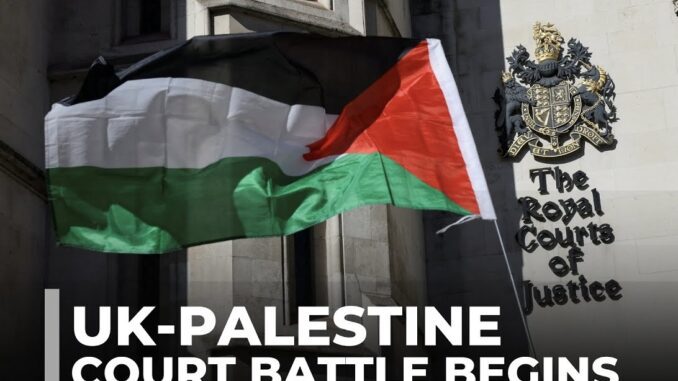 UK-Palestine court battle begins, flag displayed.