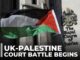 UK-Palestine court battle begins, flag displayed.