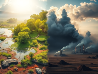 Pristine nature versus industrial pollution contrast.