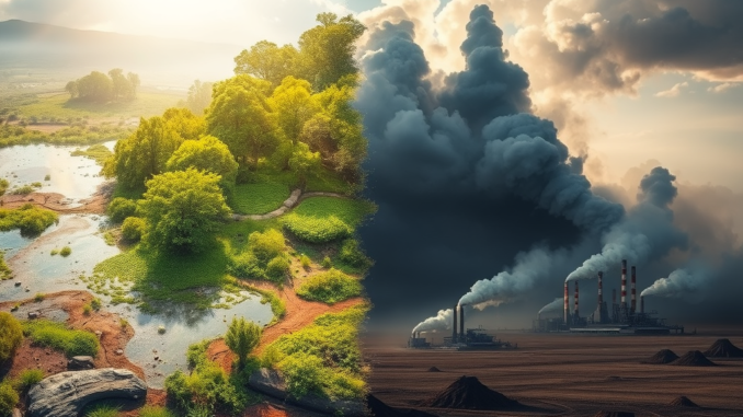 Pristine nature versus industrial pollution contrast. Pristine nature versus industrial pollution contrast.