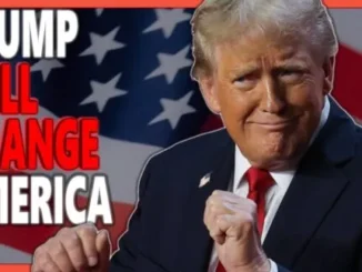 Man with flag backdrop, "Trump Will Change America".