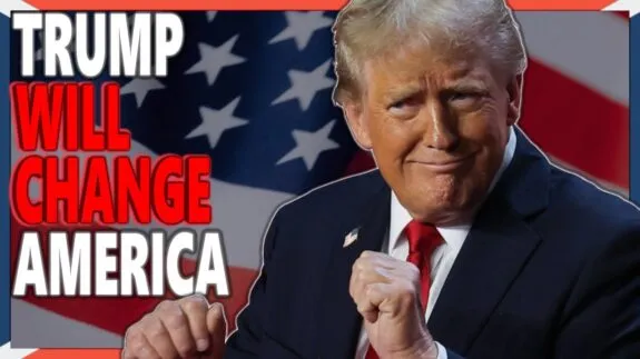 Man with flag backdrop, "Trump Will Change America". Man with flag backdrop, "Trump Will Change America".