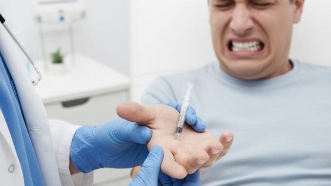 Doctor administering injection to patient's hand.