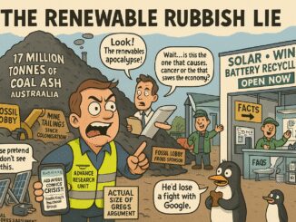 Cartoon critiquing renewable energy and coal industry.