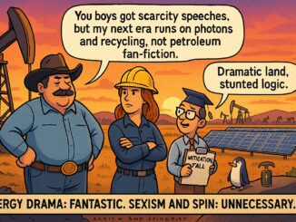 Cartoon of energy debate in industrial setting.