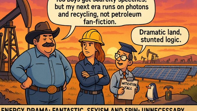 Cartoon of energy debate in industrial setting.