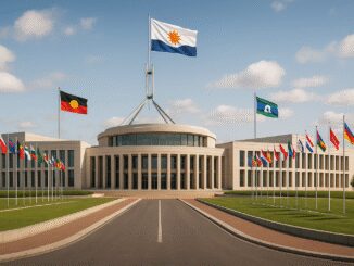 Parliament building with multiple international flags.