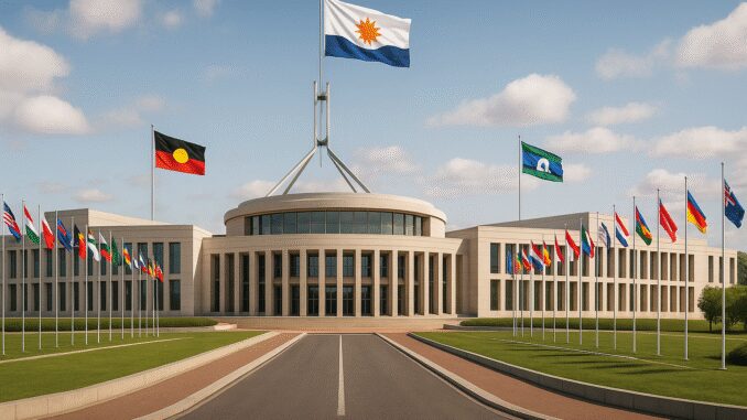 Parliament building with multiple international flags.