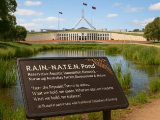 Sign near pond with government building background.