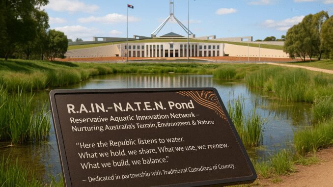 Sign near pond with government building background. Sign near pond with government building background.