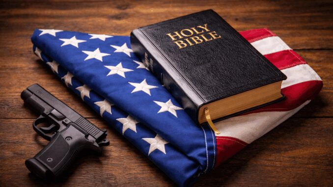 Gun, Bible, and American flag on table.