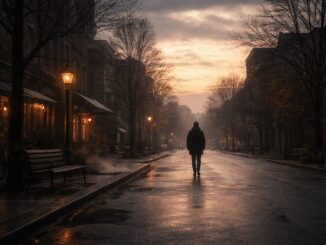Person walking on a misty, empty street.