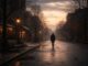 Person walking on a misty, empty street.