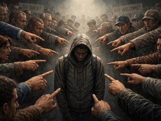 Person surrounded by pointing fingers, feeling isolated.