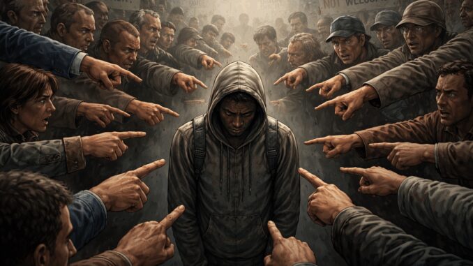 Person surrounded by pointing fingers, feeling isolated.