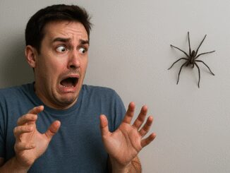 Man scared of large spider on wall.