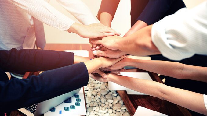 Hands joined in team unity gesture.