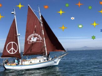 Sailboat with peace symbol, colorful stars.