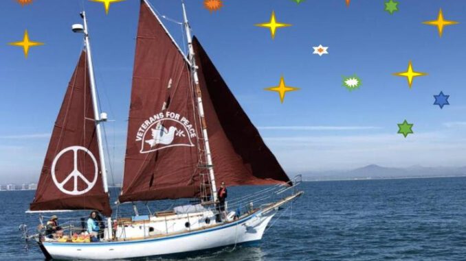 Sailboat with peace symbol, colorful stars. Sailboat with peace symbol, colorful stars.