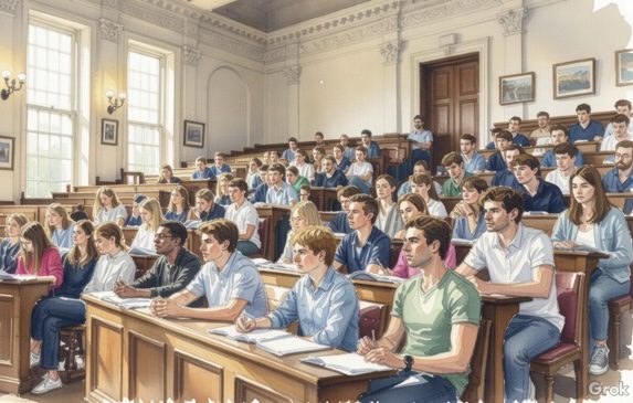 Students attentively listening in a lecture hall.