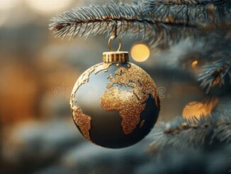 Globe ornament hanging on Christmas tree branch.