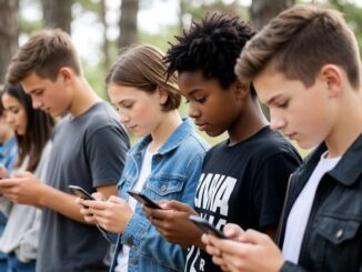 Teens focused on smartphones outdoors in line.